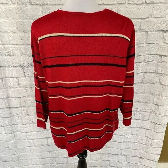 Sag Harbor women XL 3/4 sleeve layered stripe sweater w/clasp close red - Picture 6 of 11